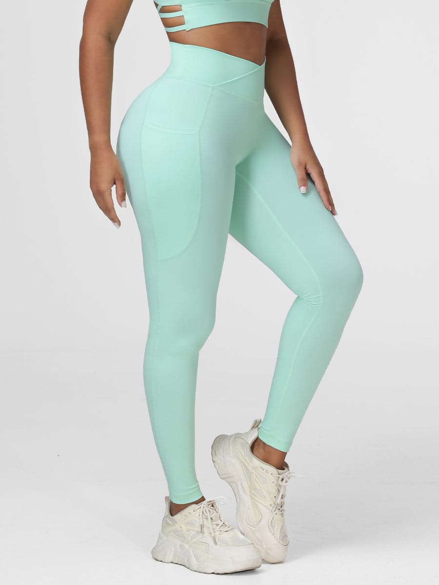 Cross Waist Pocket Leggings for Women High Waisted Gym Tights
