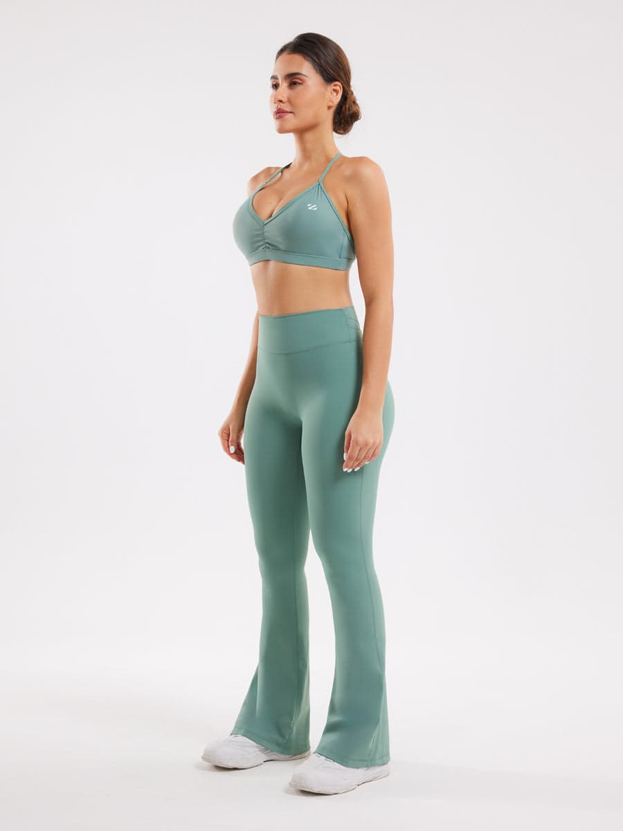 Green Workout Two Piece Outfits Flare Pants Tracksuit Sets