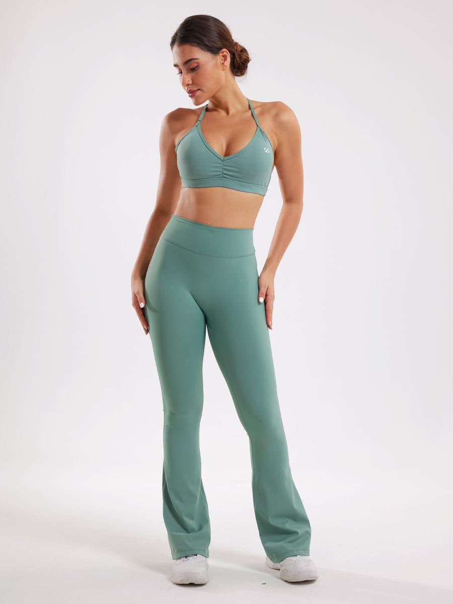 Green Workout Two Piece Outfits Flare Pants Tracksuit Sets