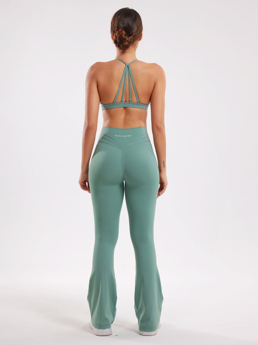 Green Workout Two Piece Outfits Flare Pants Tracksuit Sets