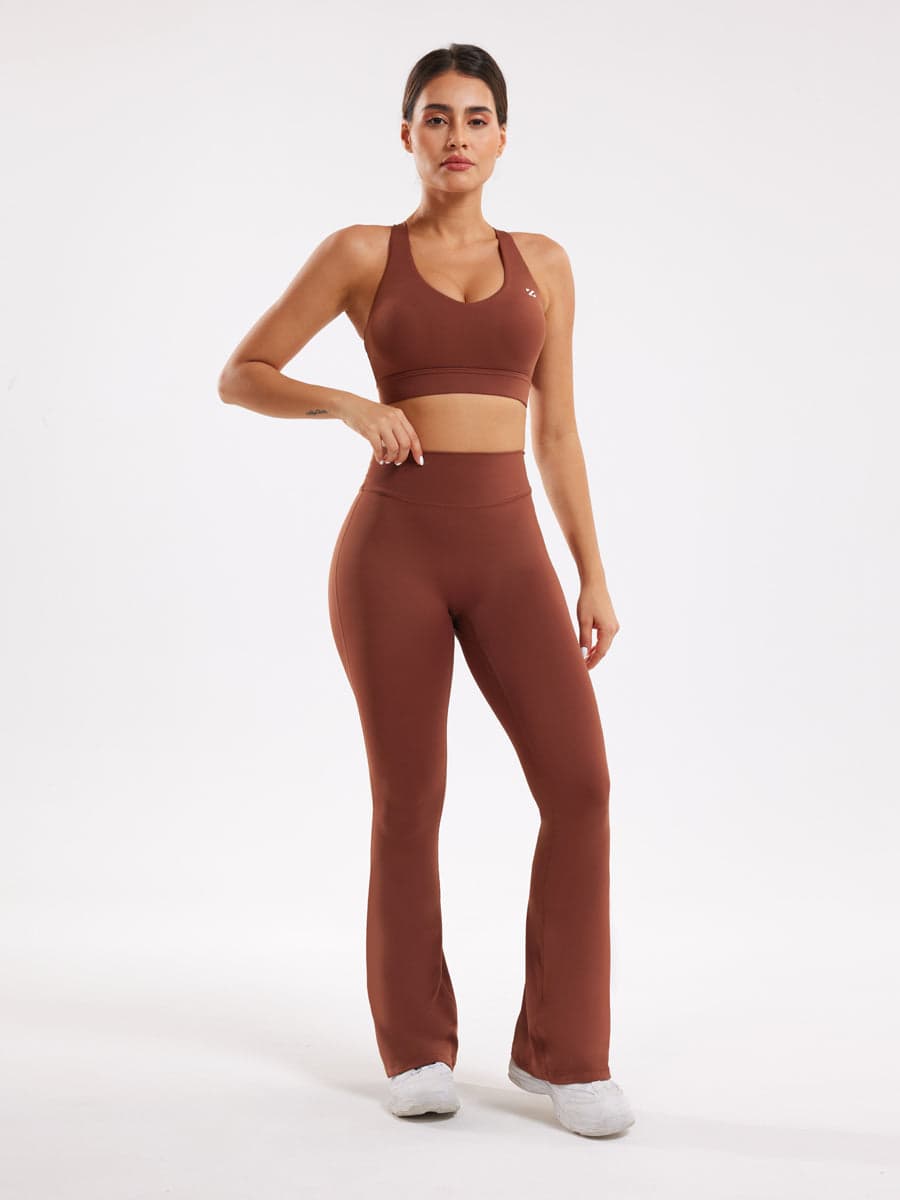 Brown Workout Two Piece Outfits Flare Pants Tracksuit Sets