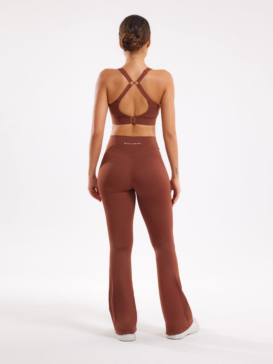 Brown Workout Two Piece Outfits Flare Pants Tracksuit Sets