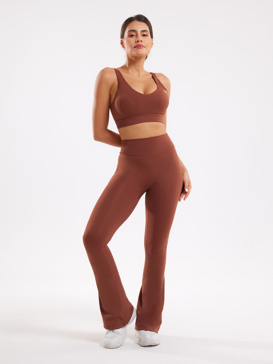 Brown Workout Two Piece Outfits Flare Pants Tracksuit Sets