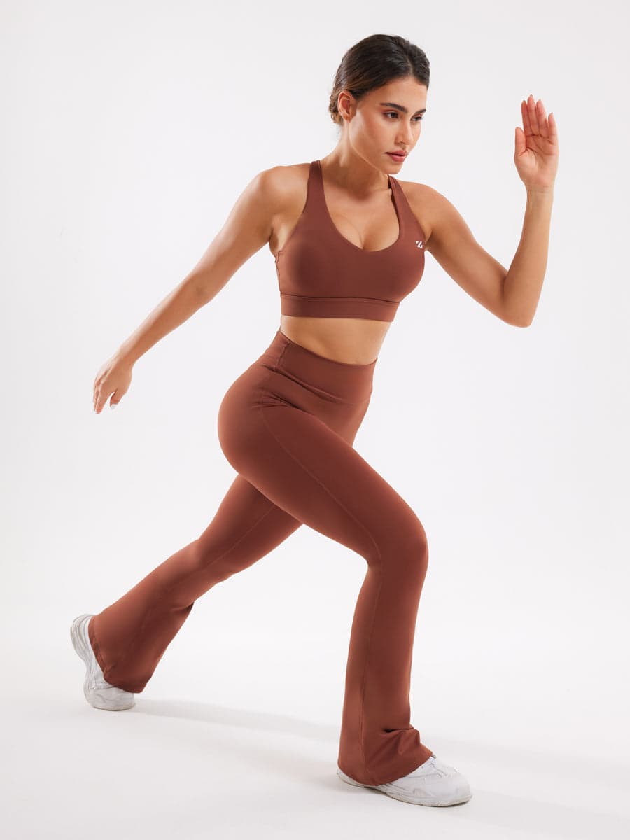 Brown Workout Two Piece Outfits Flare Pants Tracksuit Sets