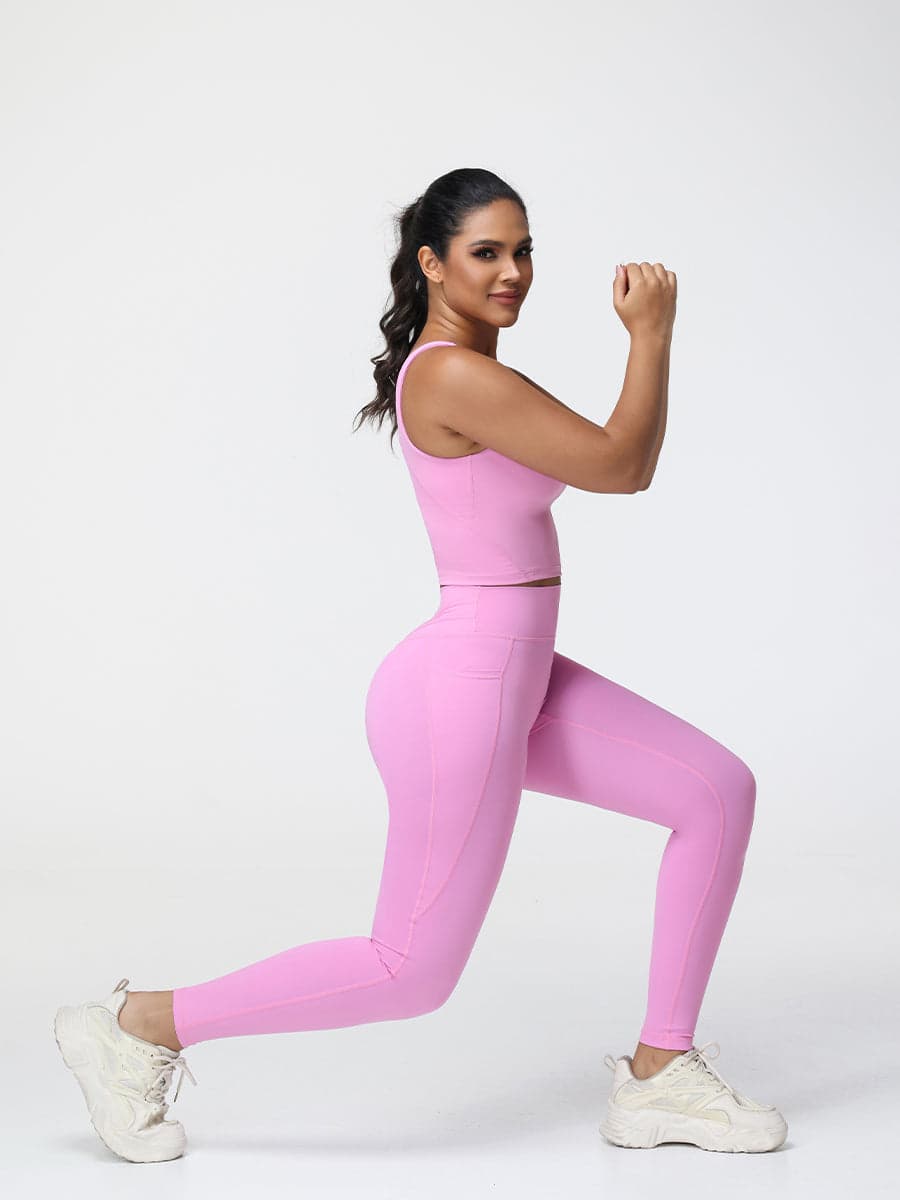 Pink U-Shape Sports Bra & High-Waist Pocket Leggings Set