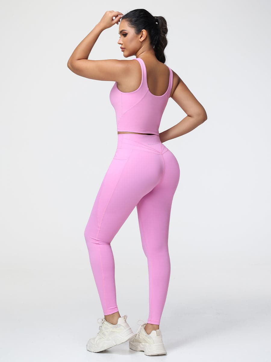 Pink U-Shape Sports Bra & High-Waist Pocket Leggings Set