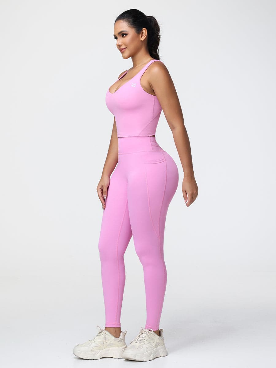 Pink U-Shape Sports Bra & High-Waist Pocket Leggings Set