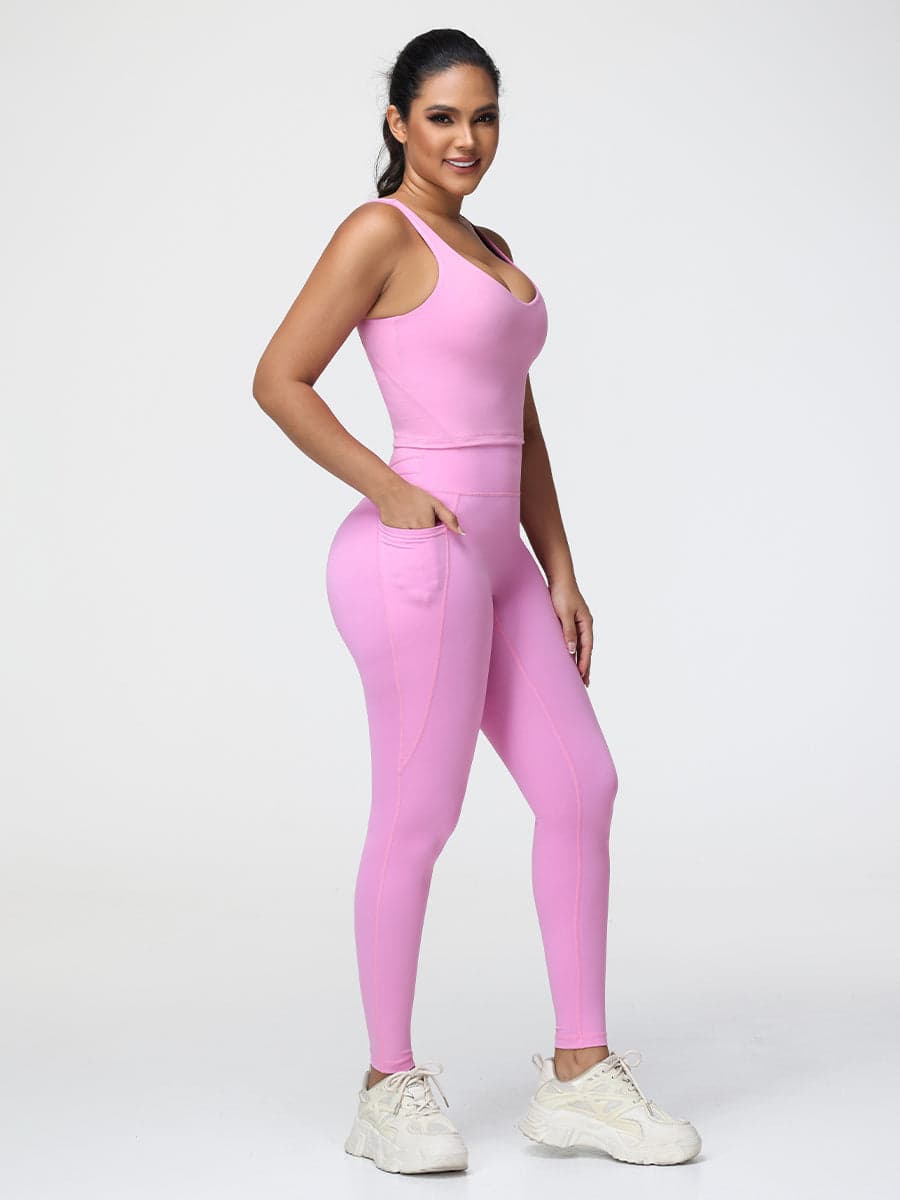 Pink U-Shape Sports Bra & High-Waist Pocket Leggings Set