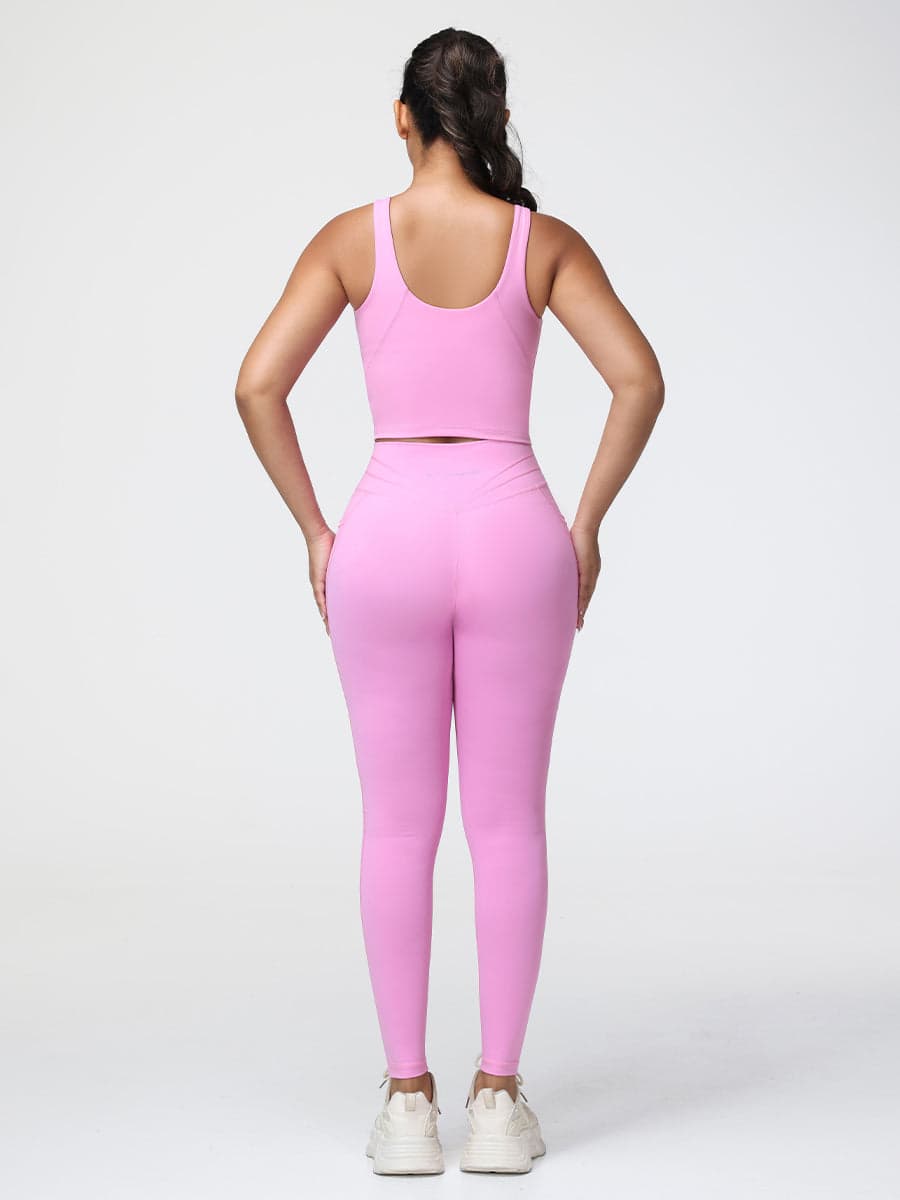 Pink U-Shape Sports Bra & High-Waist Pocket Leggings Set