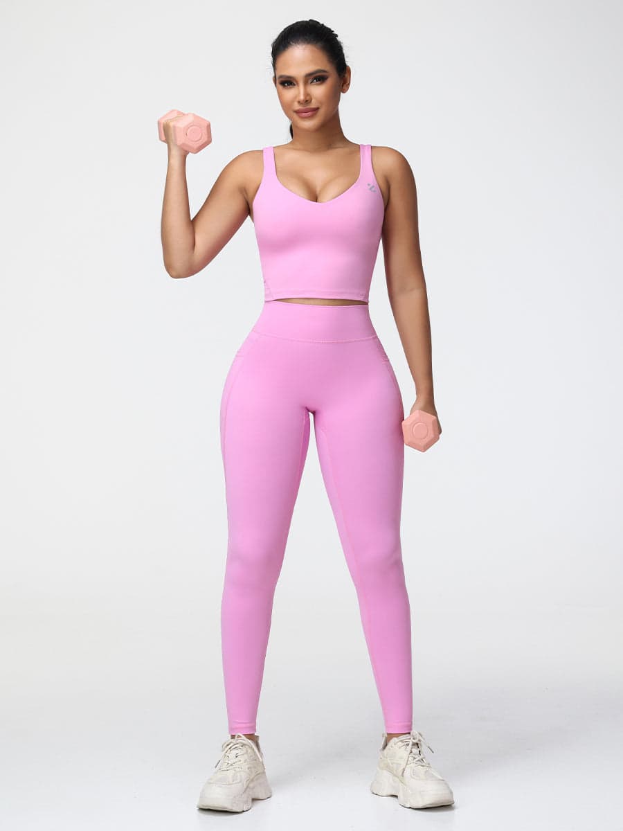 Pink U-Shape Sports Bra & High-Waist Pocket Leggings Set