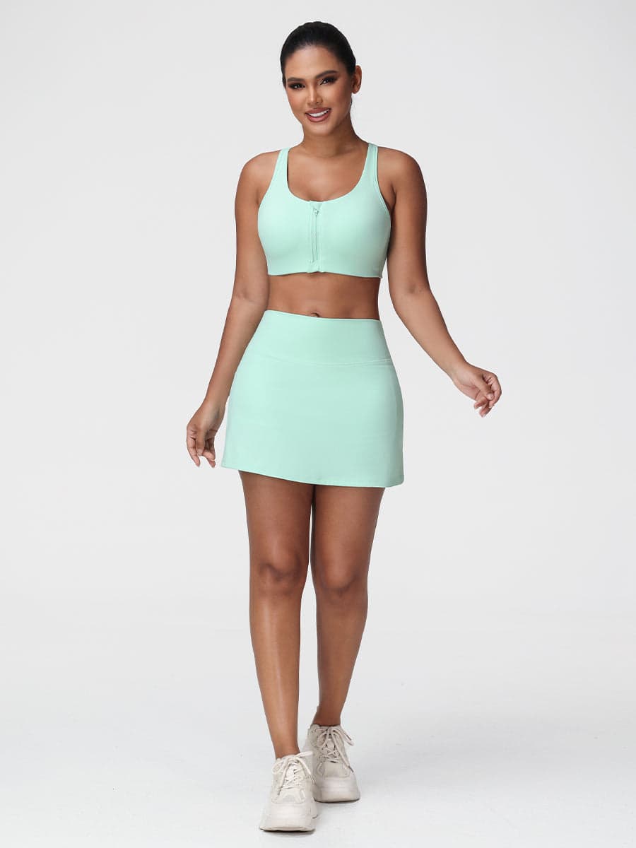 Zip-Front Sports Bra & High-Waist Tennis Skirt Set
