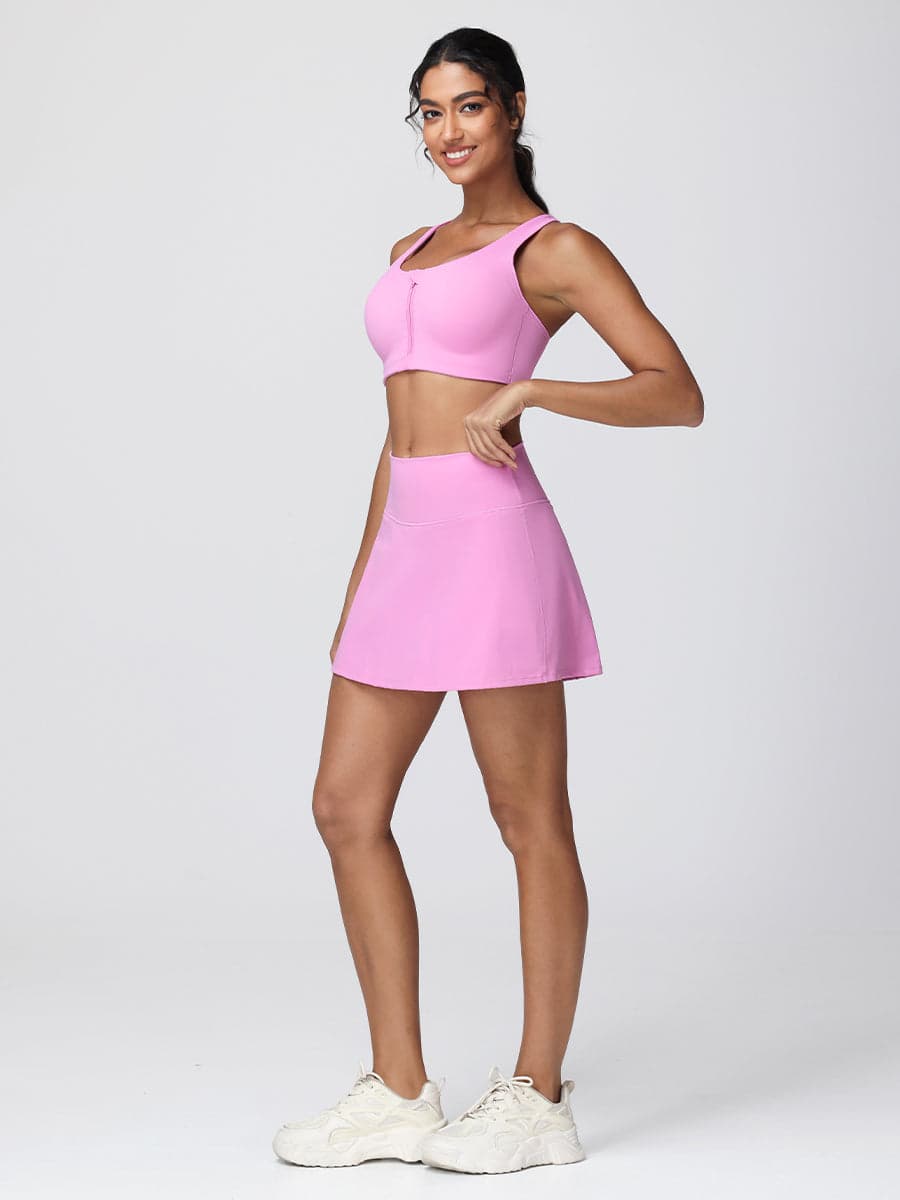 Zip-Front Sports Bra & High-Waist Tennis Skirt Set
