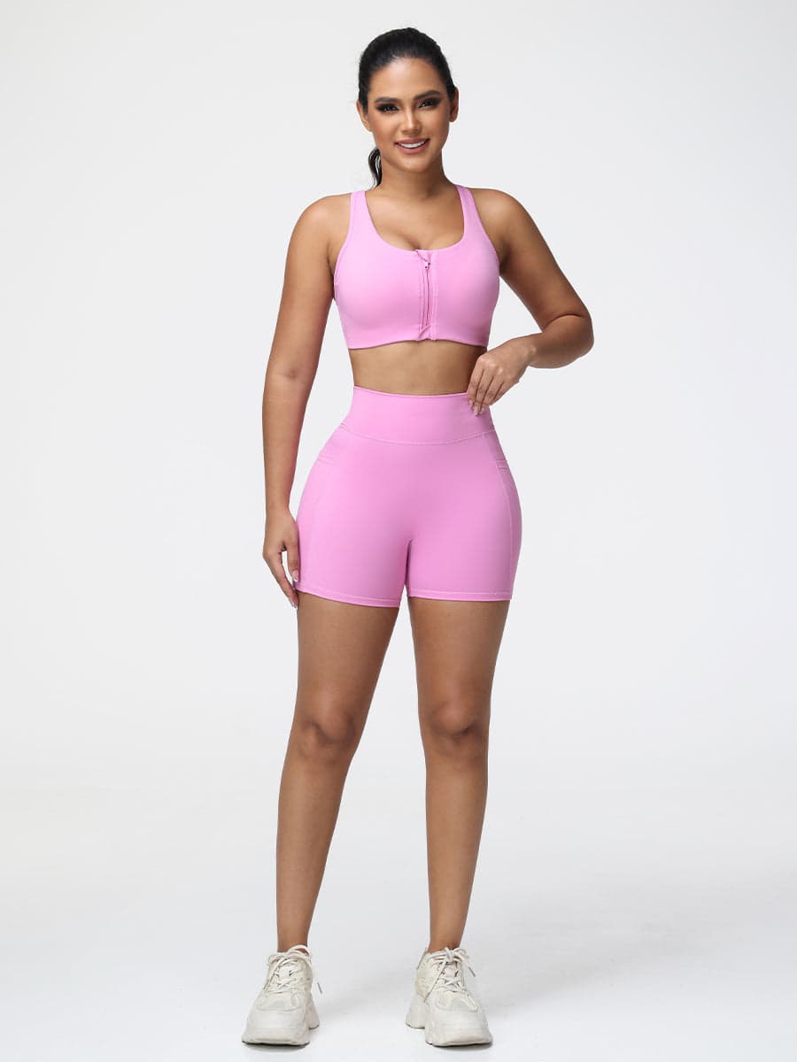 Zip Front Sports Bra & High-Waist Pocket Shorts Set