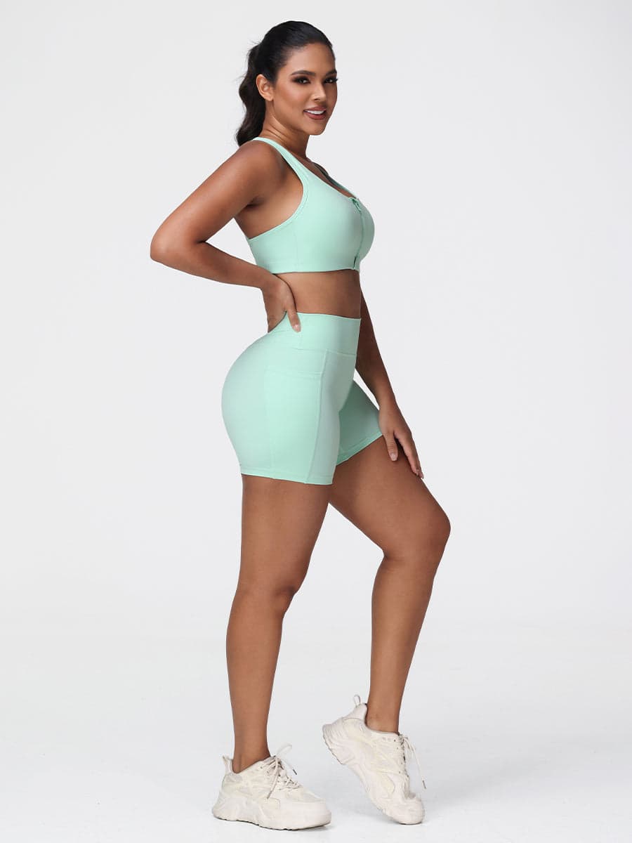 Zip Front Sports Bra & High-Waist Pocket Shorts Set