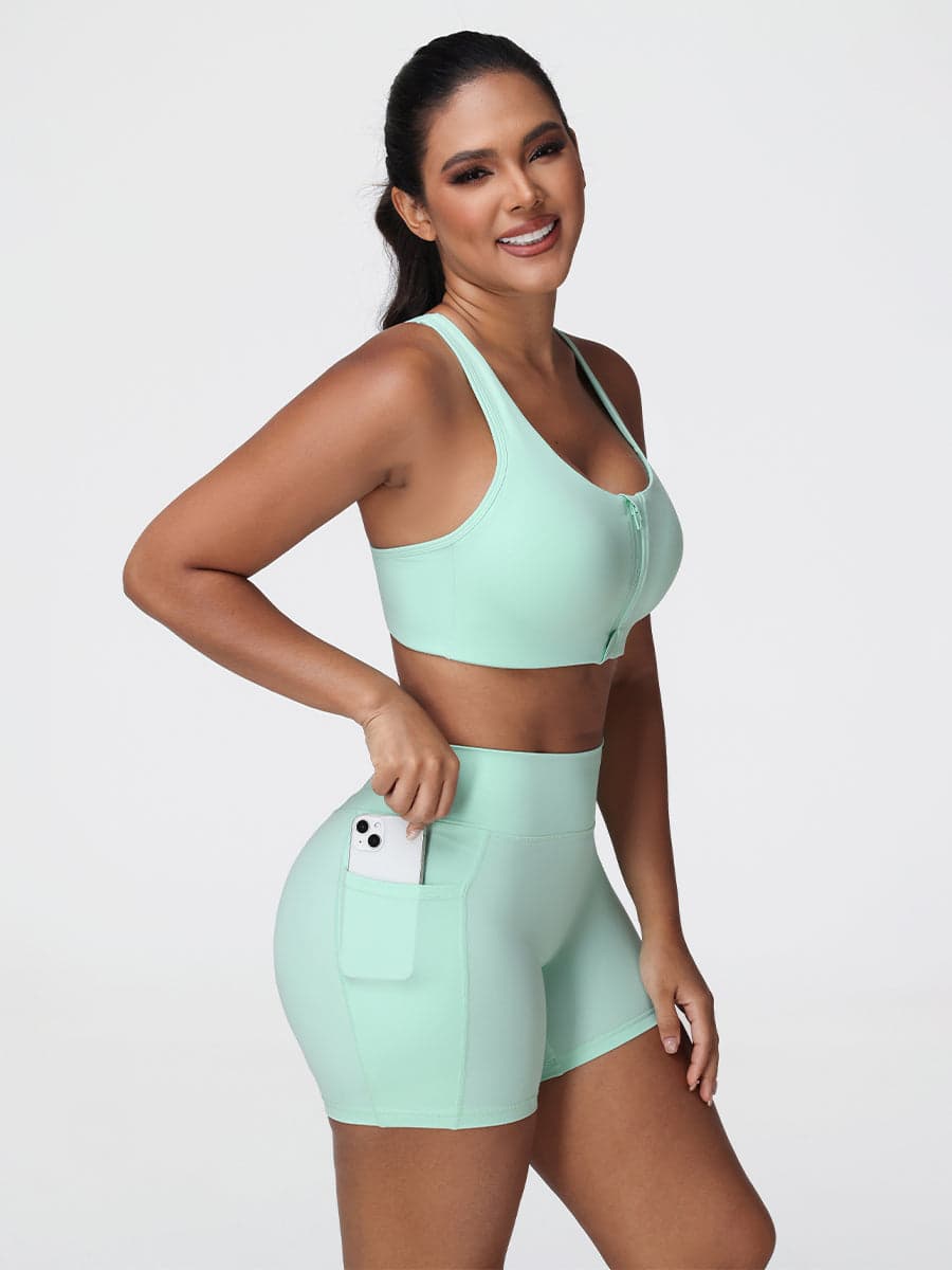 Zip Front Sports Bra & High-Waist Pocket Shorts Set