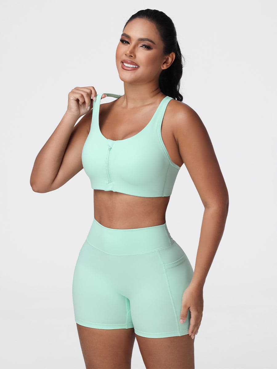 Zip Front Sports Bra & High-Waist Pocket Shorts Set