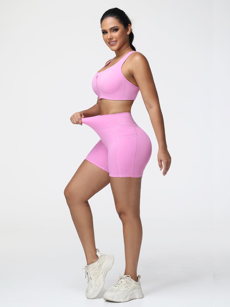 Zip Front Sports Bra & High-Waist Pocket Shorts Set