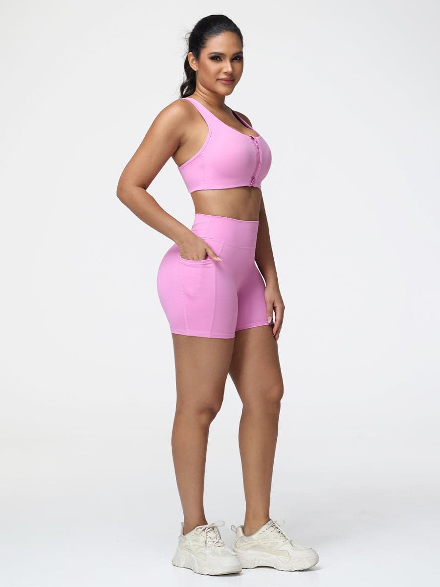 Zip Front Sports Bra & High-Waist Pocket Shorts Set