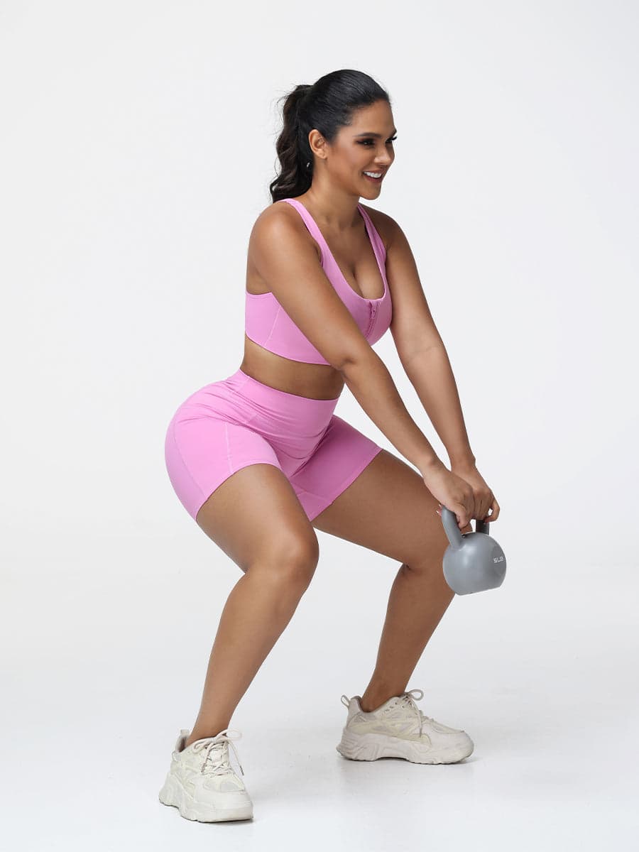 Zip Front Sports Bra & High-Waist Pocket Shorts Set