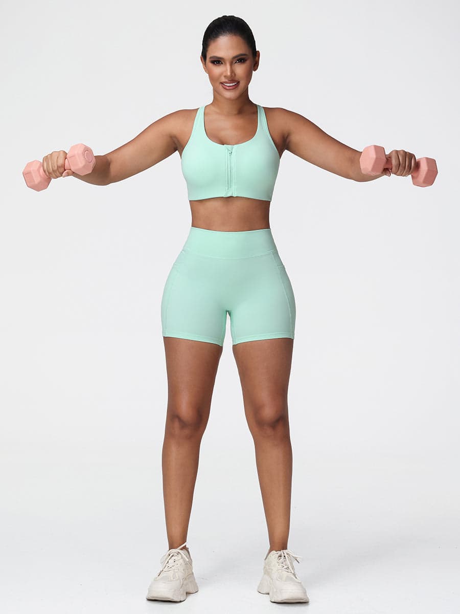 Zip Front Sports Bra & High-Waist Pocket Shorts Set