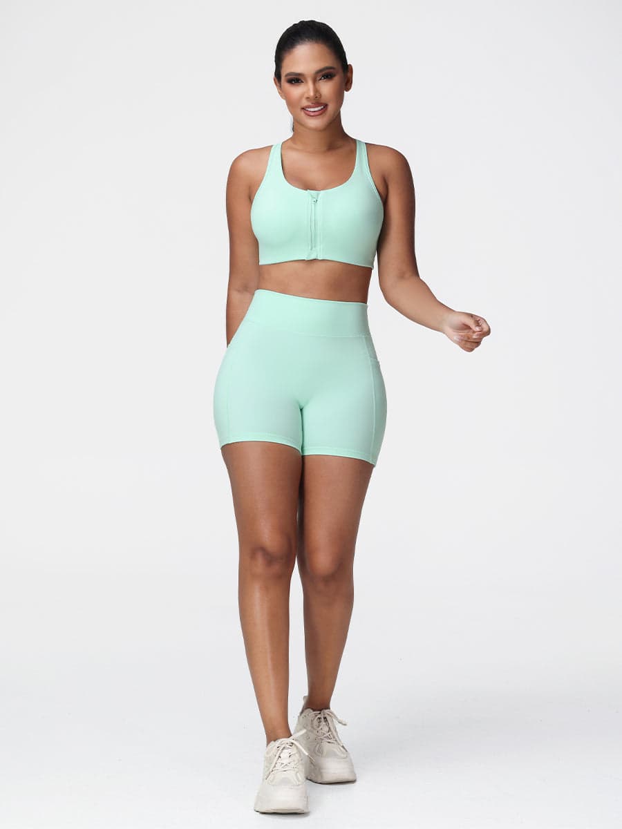 Zip Front Sports Bra & High-Waist Pocket Shorts Set