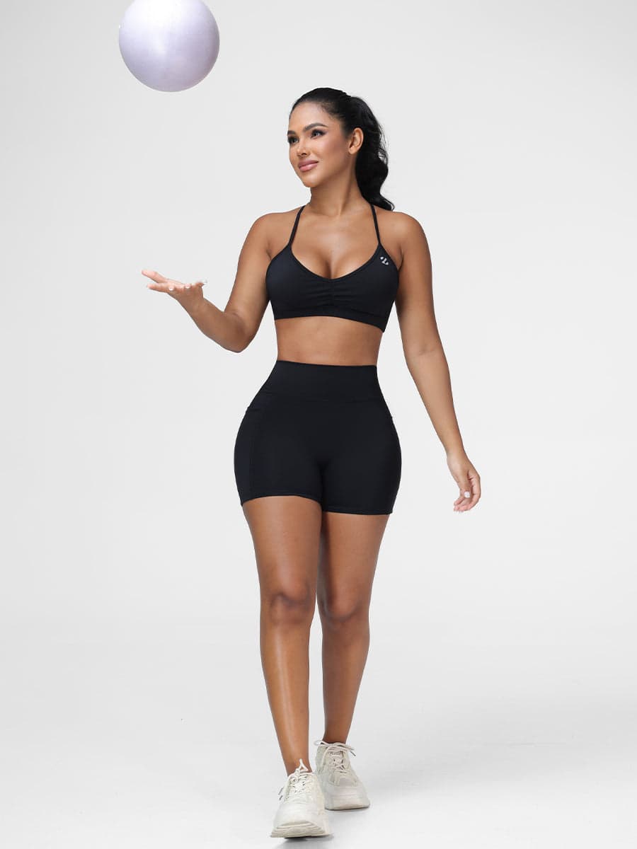 Flattering High Waist Yoga Set with Strappy Back Bra & Shorts