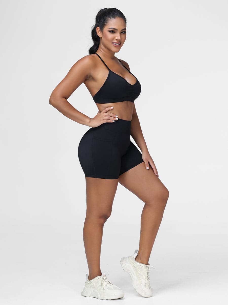 Flattering High Waist Yoga Set with Strappy Back Bra & Shorts