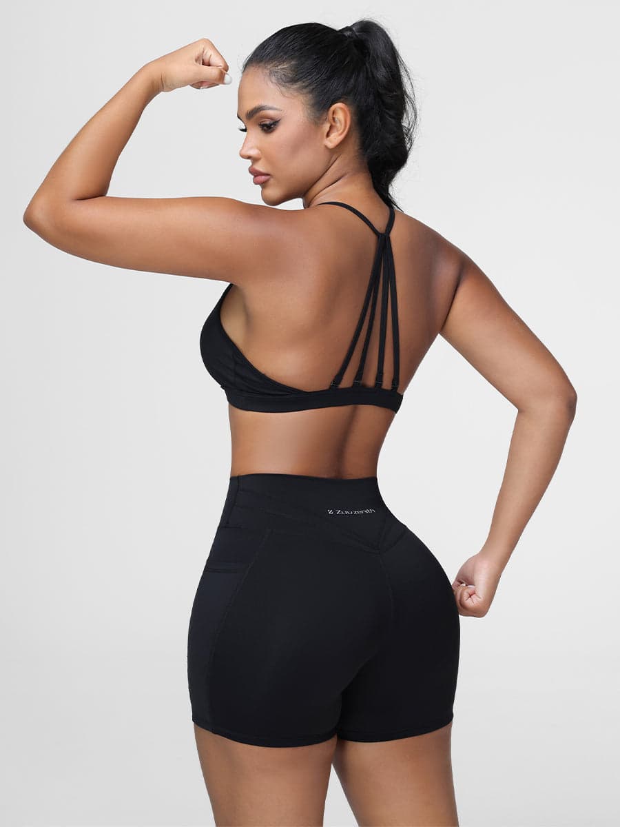 Flattering High Waist Yoga Set with Strappy Back Bra & Shorts