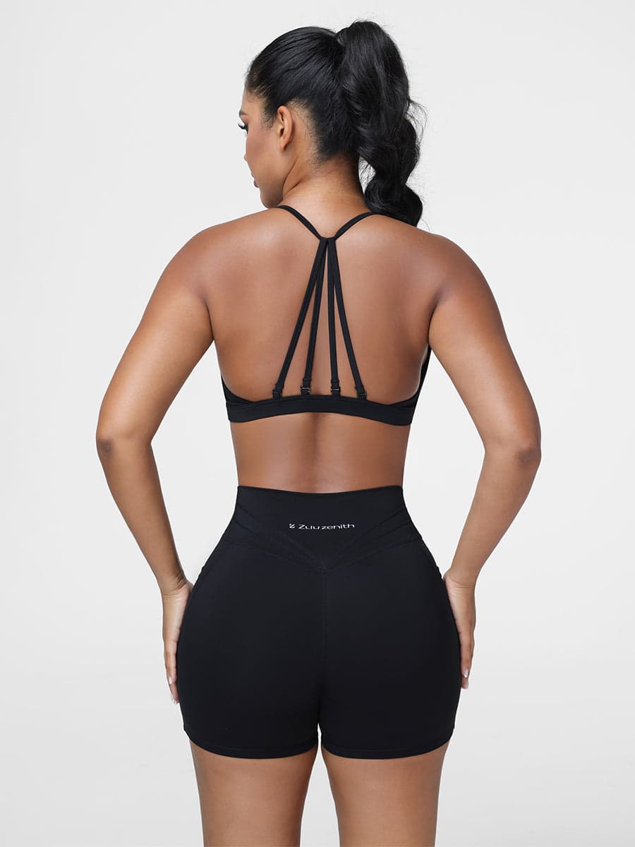 Flattering High Waist Yoga Set with Strappy Back Bra & Shorts