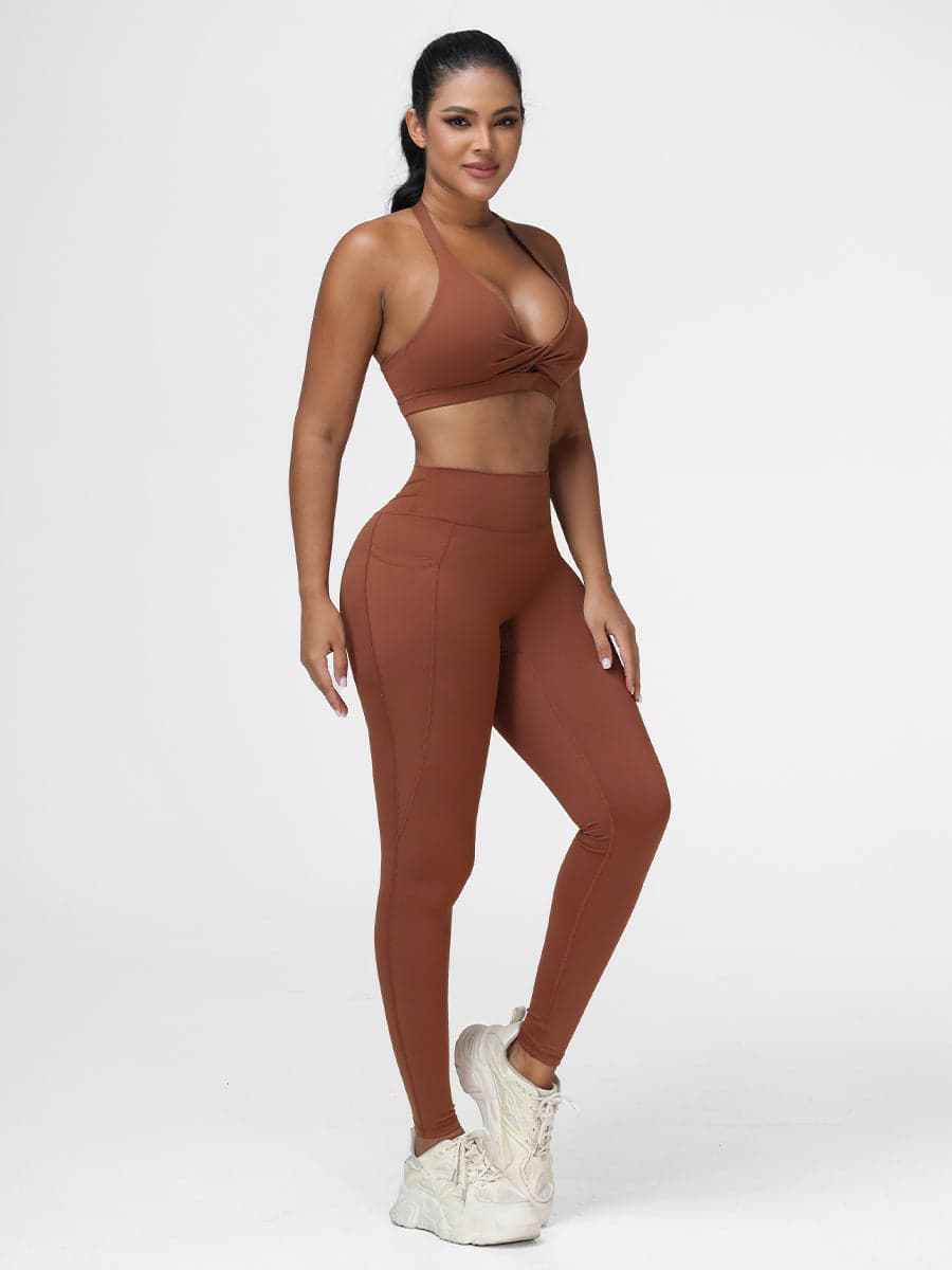 Women’s Twist Front Gym Set with High Waist Leggings