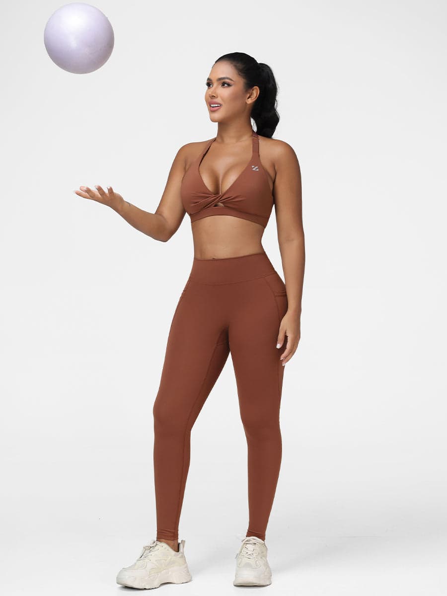 Women’s Twist Front Gym Set with High Waist Leggings