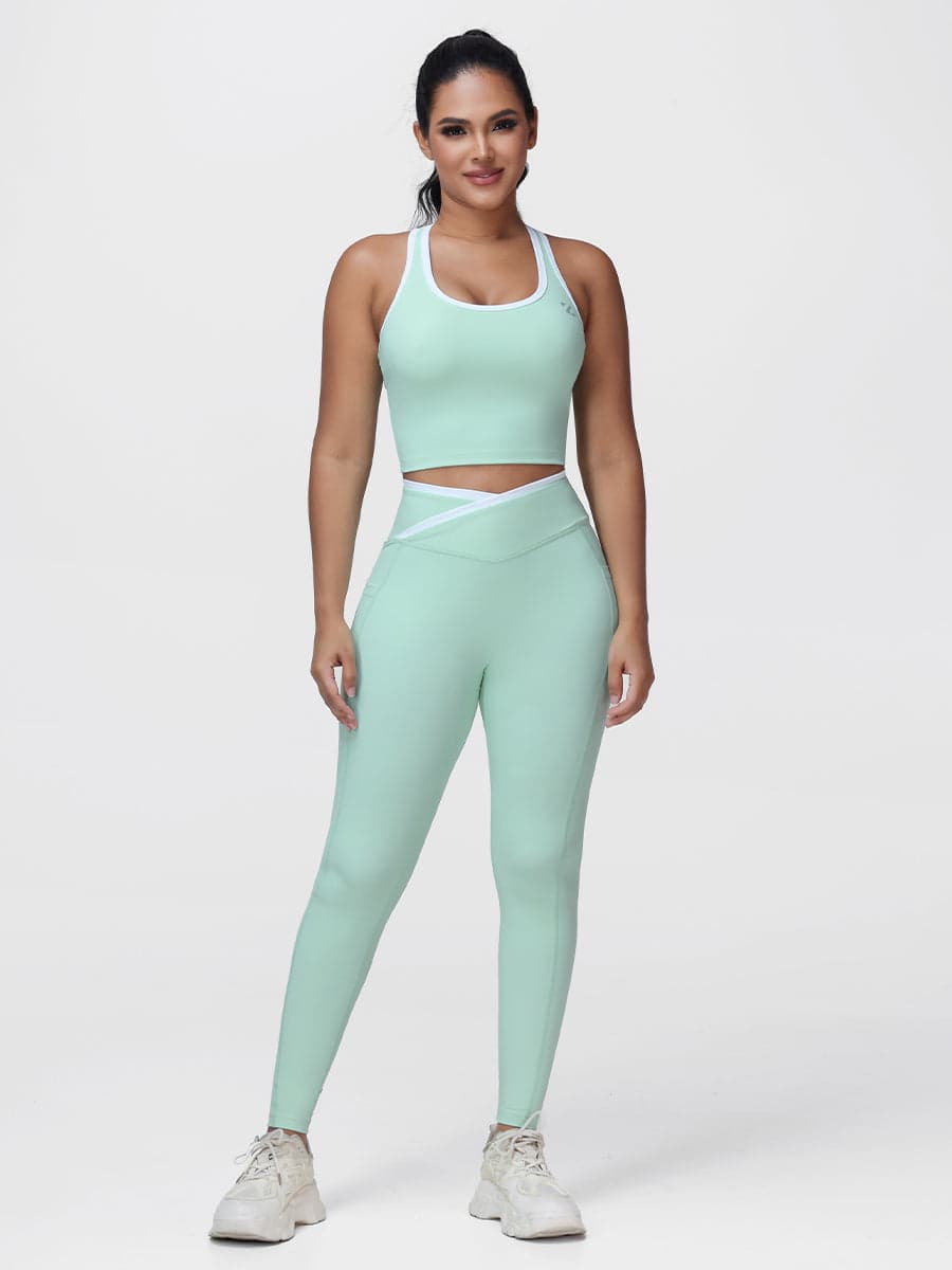 Women's 2 Piece Workout Set Racerback Sports Bra and Cross Waist Pocket Leggings