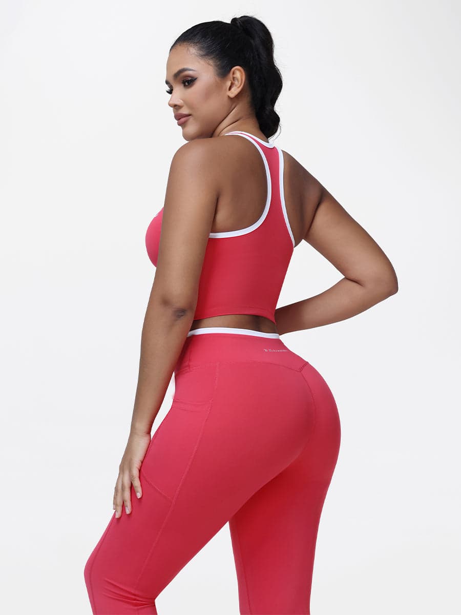 Women's 2 Piece Workout Set Racerback Sports Bra and Cross Waist Pocket Leggings