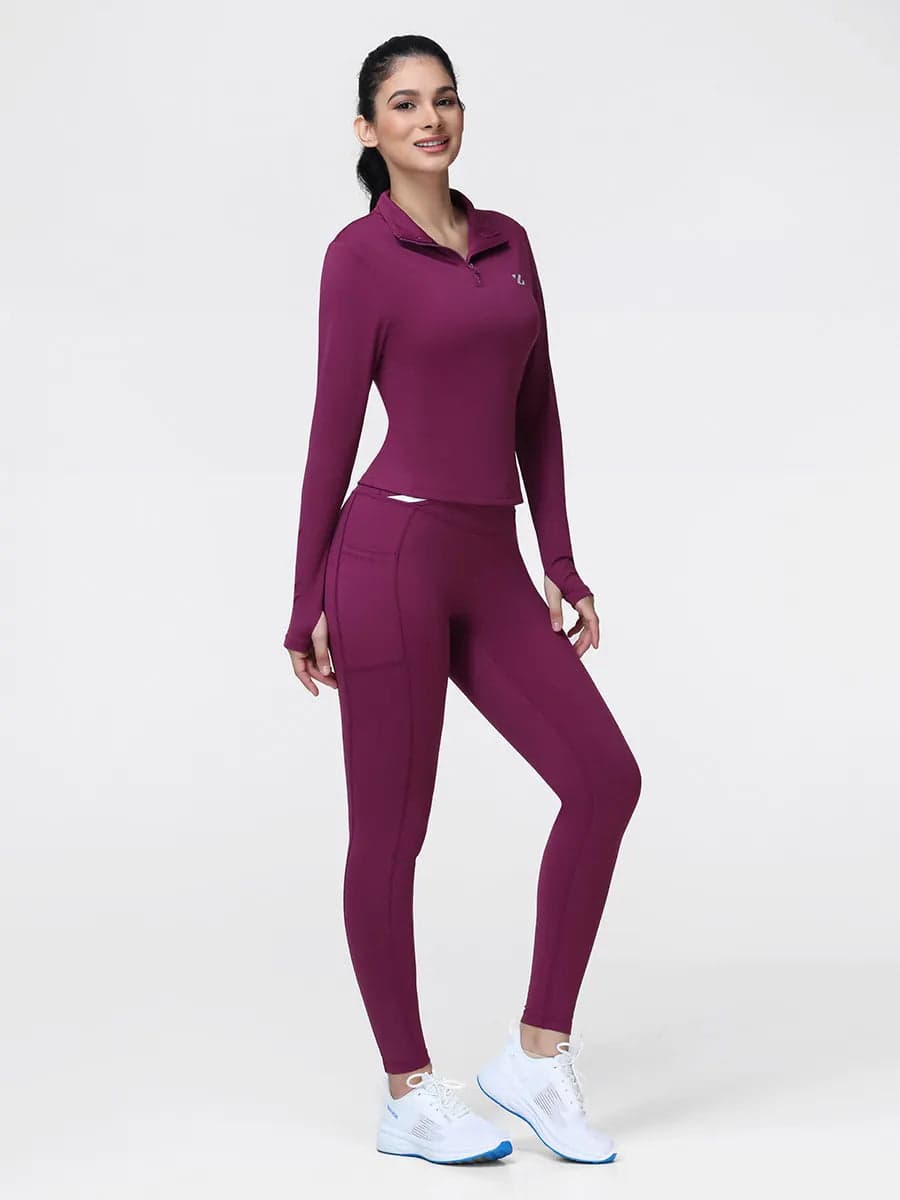 Women's Half Zip Long Sleeve Gym Top & High Waist Leggings Workout Set