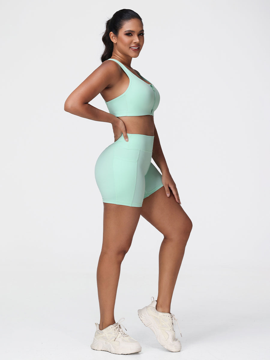 Zip Front Sports Bra & High-Waist Pocket Shorts Set