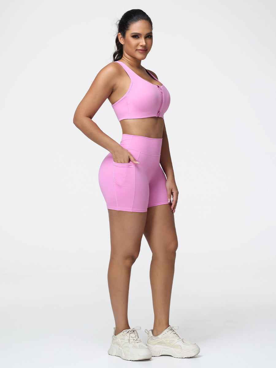 Zip Front Sports Bra & High-Waist Pocket Shorts Set